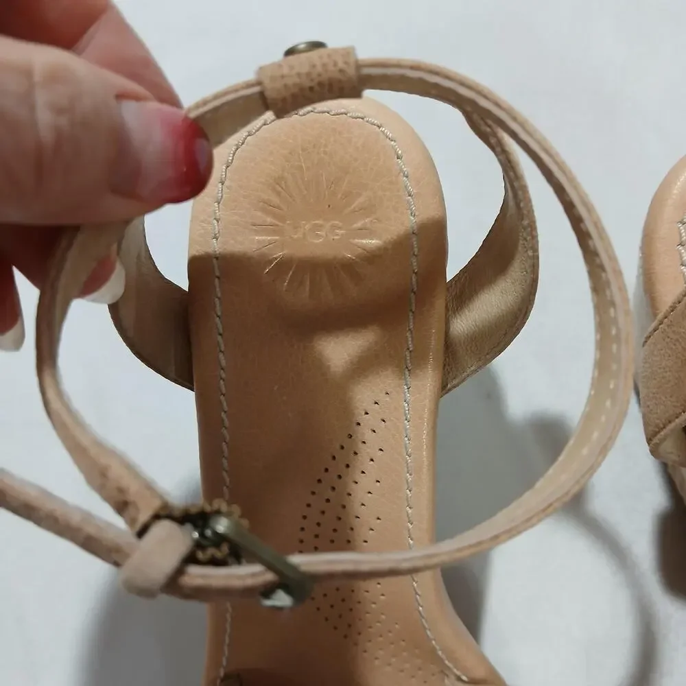 UGG Wedge Sandals Womens 9 Tan Leather Ankle Strap Espadrille - Picture 9 of 10